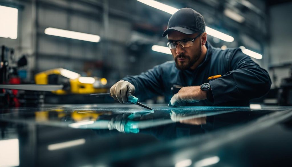 Expert technician working on car glass