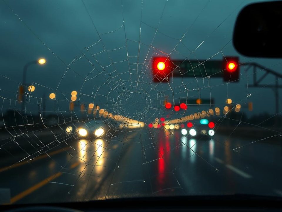 cracked windshield in rain