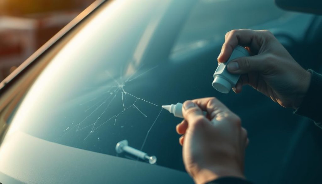 A close-up view of a car windshield with a visible crack, showcasing the intricate process of windshield damage repair. The windshield is illuminated by soft, diffused natural lighting, highlighting the subtle details of the crack and the surrounding glass. The foreground features a pair of hands skillfully applying a repair resin or adhesive to the cracked area, with the tools and materials used for the repair process visible in the middle ground. The background is slightly blurred, creating a sense of depth and focus on the delicate repair work. The overall scene conveys a sense of precision, care, and the importance of addressing windshield cracks before they worsen.