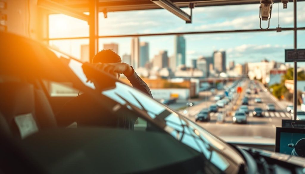 A professional auto glass replacement shop in San Antonio, set against a backdrop of the city's iconic skyline. In the foreground, a technician carefully installs a new windshield on a customer's vehicle, the process captured with a shallow depth of field to emphasize the skilled craftsmanship. Warm, natural lighting filters in, casting a soft glow on the scene. The middle ground features a well-stocked showroom, showcasing a range of automotive glass options. In the background, the bustling streets of San Antonio are visible, hinting at the convenient location of the shop. The overall atmosphere conveys a sense of expertise, efficiency, and customer-focused service.