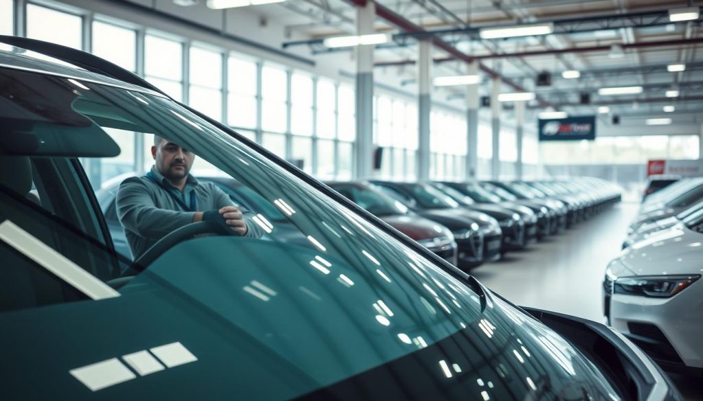 A sleek, modern auto glass shop in San Antonio, Texas. In the foreground, a technician carefully inspects a vehicle's windshield, evaluating its condition and considering the best approach for replacement. The mid-ground showcases a selection of high-quality replacement windshields, their pristine surfaces reflecting the bright, natural lighting filtering in through the shop's large windows. In the background, rows of cars await their turn, underscoring the critical importance of windshield safety for the local community. The scene conveys a sense of professionalism, attention to detail, and a commitment to maintaining the roadworthiness and overall safety of the vehicles serviced at this establishment.