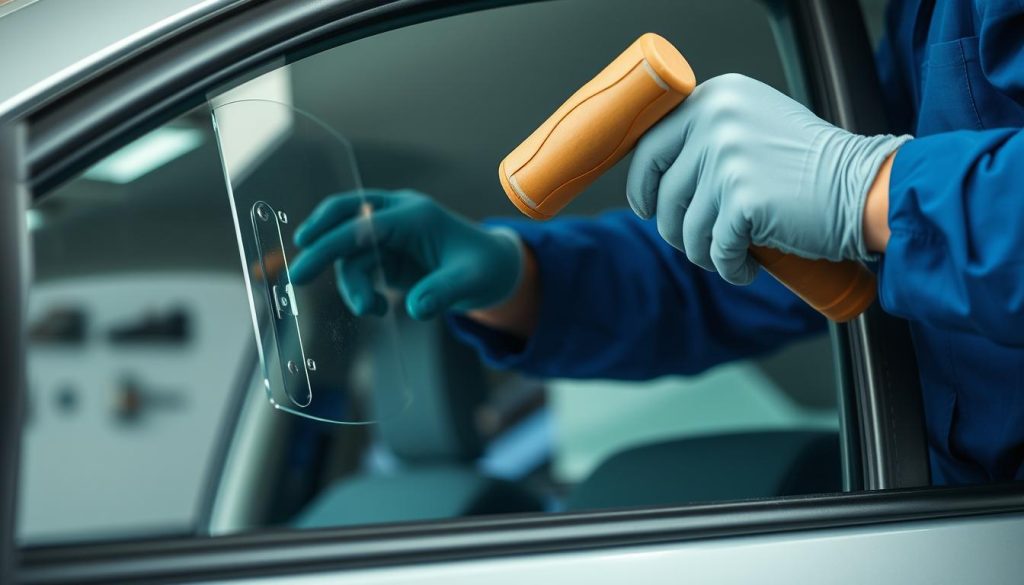 A well-lit, high-resolution close-up photograph of a professional technician carefully replacing the glass panel in a car door window. The technician is wearing a blue uniform and protective gloves, using specialized tools like suction cups and a rubber mallet to carefully remove the old glass and install the new one. The car's interior is visible in the background, providing context. The lighting is bright and even, with a slight shadow cast by the technician's hands, creating depth and dimension. The overall mood is one of skilled, meticulous work performed with care and attention to detail.
