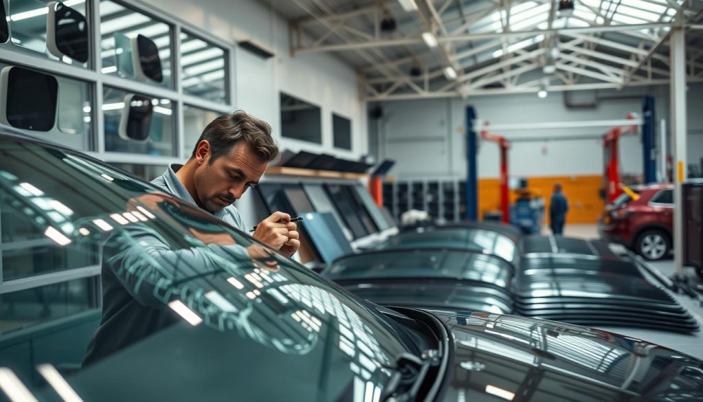 A well-lit, modern auto glass shop with a large storefront window showcasing a variety of windshield samples. The foreground features a technician carefully examining a cracked windshield on a car, using specialized tools. The middle ground displays rows of neatly organized glass products, from small chips to full windshield replacements. In the background, a state-of-the-art installation bay can be seen, with mechanics working on vehicles. The overall atmosphere conveys a sense of professionalism, expertise, and attention to detail in addressing different types of windshield damage.