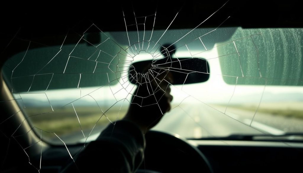 Cracked windshield poses safety risk for driving.