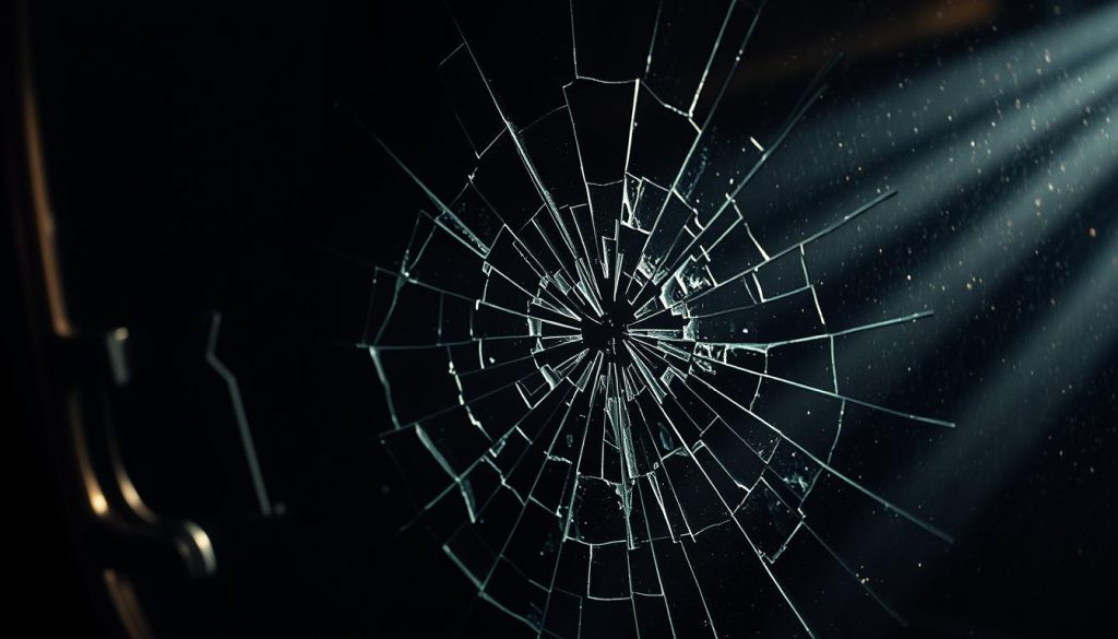Shattered glass on a car door, partially obscured by a dark, gritty background. The glass is fractured into intricate, jagged patterns, with sharp edges and cracks radiating outward. Beams of harsh, dramatic lighting cast dramatic shadows, highlighting the damage and creating a sense of urgency. The scene is captured at a high-resolution, with a tight, focused composition that draws the viewer's attention to the critical warning signs of the compromised integrity of the door glass.