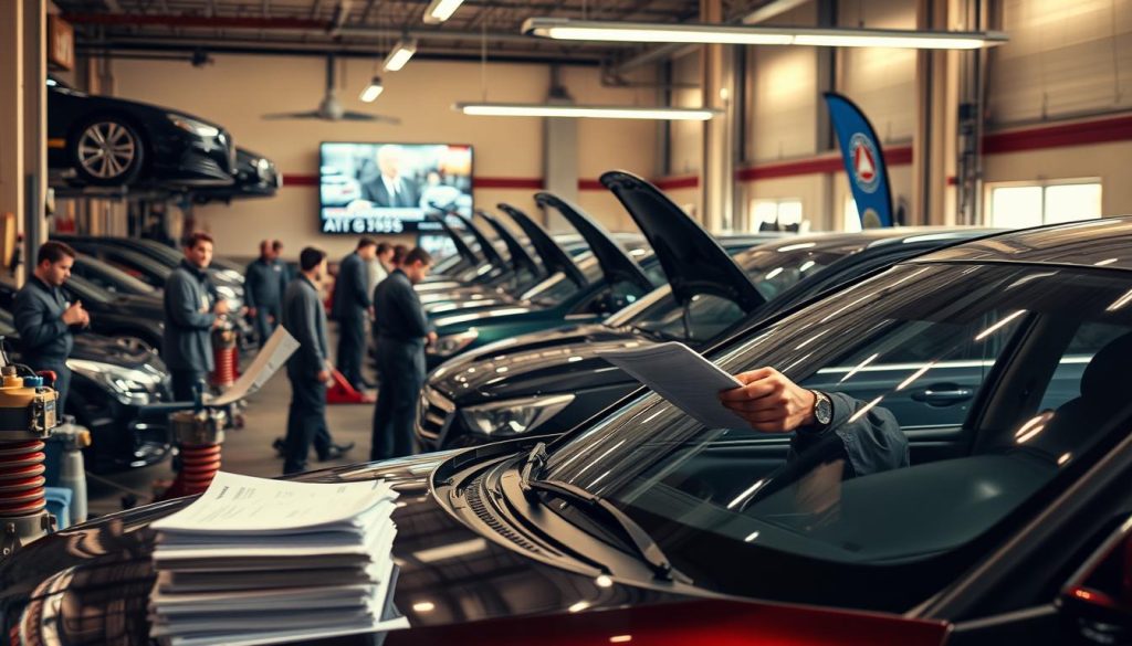 A bustling auto repair shop, with mechanics in coveralls diligently working on a fleet of company cars. In the foreground, a technician carefully examines the damage to a car's windshield, meticulously cataloging the costs of the necessary repair. The middle ground is filled with the tools of the trade - hydraulic jacks, diagnostic equipment, and a stack of invoices. In the background, a wall-mounted television displays a news segment highlighting the financial impact of delayed fleet auto glass repairs. Warm, directional lighting casts a sense of urgency and professionalism, as the scene conveys the hidden costs that fleet owners face when neglecting timely auto glass maintenance.