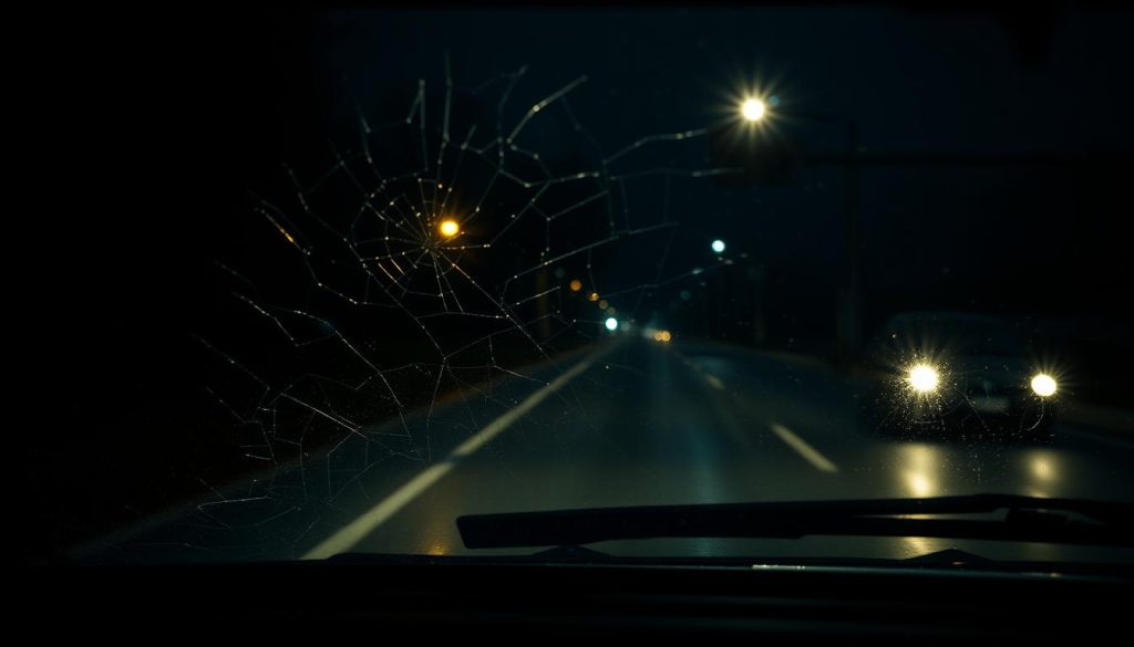 A car on a wet, dimly lit road at night, with the windshield partially obscured by cracks and scratches, creating distorted and blurred vision. The headlights cast a glare, further reducing visibility. The side mirrors are cracked, reflecting a hazy, distorted view of the surroundings. The dashboard is barely visible, with only faint outlines of the instruments. The atmosphere is tense and unsettling, conveying the hazardous nature of driving with compromised auto glass.