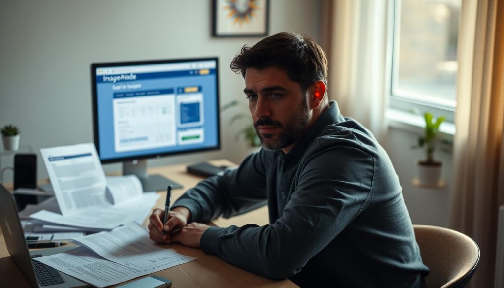 A clear, well-lit scene of a person sitting at a desk, filling out insurance paperwork for a windshield claim. The desk is cluttered with documents, a pen, and a laptop. In the background, a computer monitor displays an insurance website or claims portal. Soft, natural lighting from a nearby window casts a warm glow over the scene. The person's expression is focused, conveying the seriousness of the claims process. The overall atmosphere is one of diligence and attention to detail as the individual navigates the steps required to resolve the windshield damage.