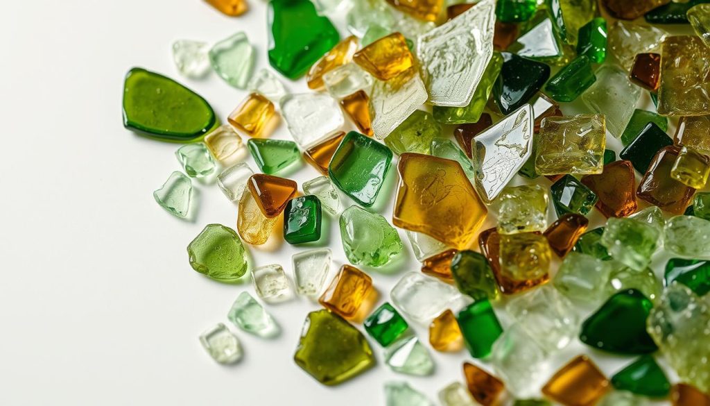 A close-up shot of recycled glass shards in various colors, including green, brown, and clear, arranged in a visually striking pattern against a plain, neutral background. The glass pieces reflect the light, creating a shimmering, mesmerizing effect. The lighting is soft and diffused, highlighting the unique textures and shapes of the recycled material. The composition emphasizes the intricate details and the inherent beauty of the repurposed glass, conveying a sense of environmental consciousness and sustainable practices.