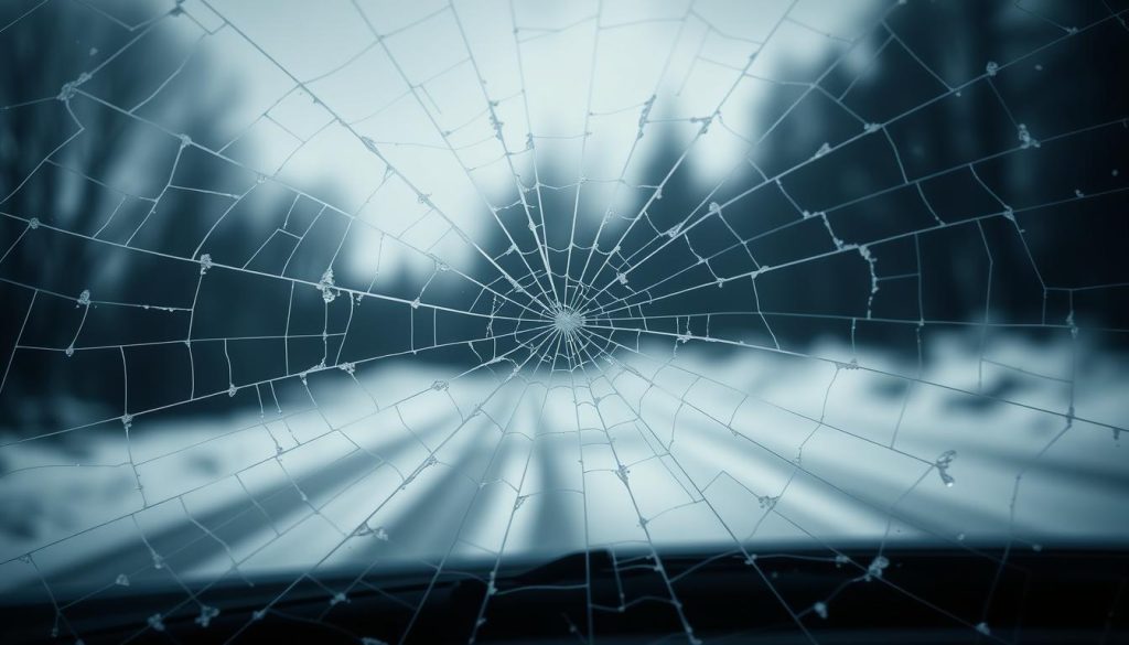 A close-up view of a car windshield covered in intricate spider-web patterns of fine cracks, the result of extreme cold weather conditions. The glass surface reflects the dim, overcast lighting, creating a moody, wintry atmosphere. The cracks are sharp and jagged, radiating outward from a central point of impact, conveying the force and stress exerted on the windshield. The foreground is in crisp focus, while the blurred background suggests a snowy, frigid landscape. The lighting casts dramatic shadows, emphasizing the depth and texture of the cracked glass. This image visually captures the science behind how rapid temperature changes and thermal stresses can damage automotive glass.