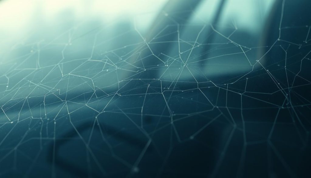 A close-up view of a car windshield, its surface marred by a web of fine cracks and scratches, conveying the passage of time and the harsh realities of everyday driving. The glass appears weathered, with a subtle hazy quality that suggests the gradual degradation from exposure to the elements. The lighting is soft and diffused, casting a gentle glow that highlights the intricate patterns and textures of the damaged windshield. The background is slightly blurred, keeping the focus on the central subject and emphasizing the sense of age and wear. The overall mood is one of quiet contemplation, inviting the viewer to consider the lifecycle of this essential automotive component.