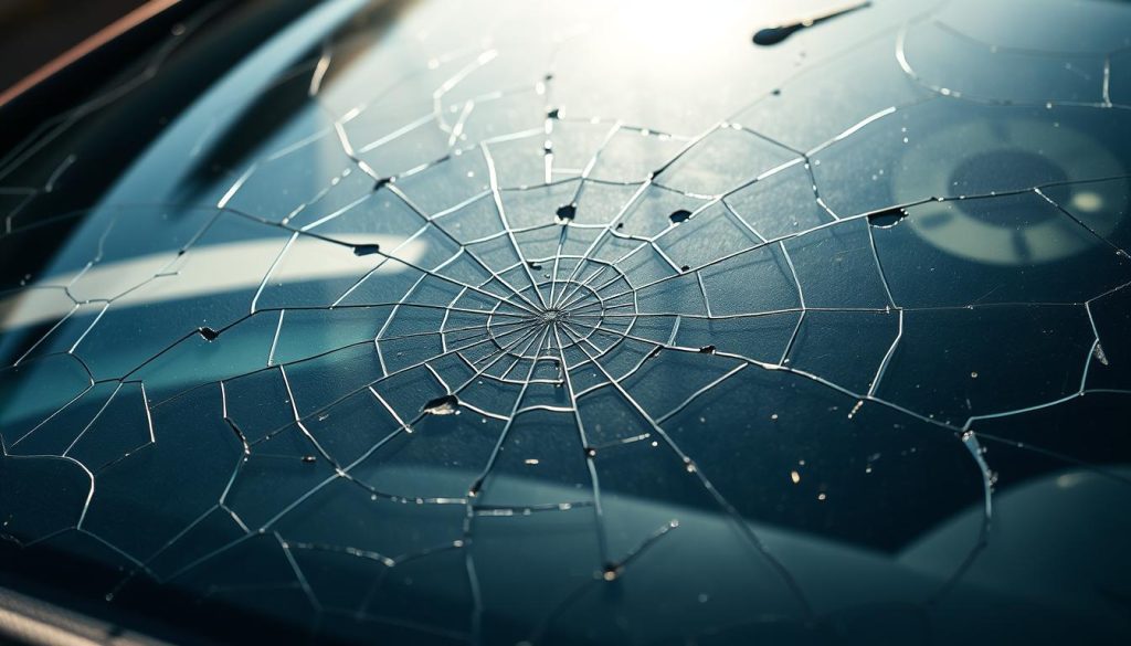 A close-up view of a car windshield, showcasing various patterns of damage and deterioration. The windshield is illuminated from the side, casting dramatic shadows that accentuate the cracks, chips, and star-shaped fractures. The foreground features a large, intricate web-like crack radiating from the center, while the middle ground displays smaller, scattered damage points. The background blurs out, emphasizing the detailed textures and imperfections on the windshield surface. The overall scene conveys a sense of aging, wear, and the need for attentive maintenance or potential replacement.