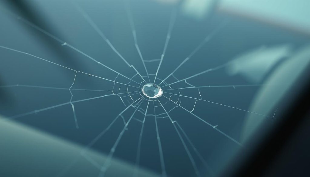 A close-up view of a car windshield, the surface marred by a small, distinct rock chip. The chip sits prominently in the center, surrounded by a spiderweb of fine cracks radiating outward. The lighting is soft and diffused, casting gentle shadows that highlight the textures and details of the damaged glass. The background is blurred, drawing the eye to the central focus of the repair. Subtle reflections and distortions in the glass add depth and realism to the scene. The overall atmosphere conveys the importance of addressing this minor issue before it escalates into a larger, more costly problem.