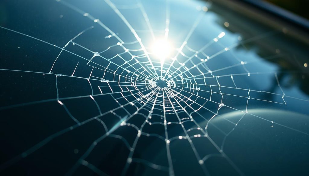 A close-up view of a car windshield with a large crack, illuminated by natural sunlight filtering through. The crack runs diagonally across the glass, with intricate web-like patterns radiating from the point of impact. The edges of the glass are slightly chipped, suggesting the windshield has been damaged. The image is in sharp focus, capturing the textural details of the cracked surface and the subtle reflections of the surrounding environment. The lighting casts dramatic shadows, emphasizing the depth and three-dimensional nature of the crack. The overall mood is one of urgency and the need for immediate attention, setting the stage for an emergency auto glass repair solution.