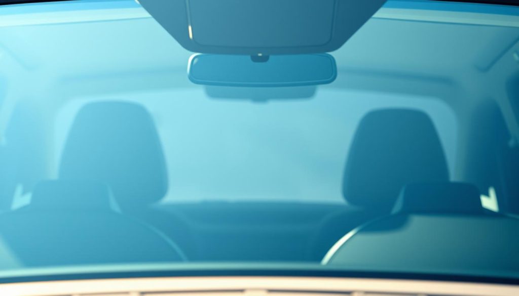 A close-up view of a freshly installed replacement windshield, showcasing its crystal-clear glass and sleek, modern design. The windshield is mounted in a vehicle's front frame, with a crisp, high-resolution rendering of the surrounding dashboard and steering column visible in the foreground. The lighting is soft and natural, creating a warm, inviting atmosphere that highlights the clarity and quality of the glass. The image conveys a sense of precision, attention to detail, and the importance of selecting the right windshield replacement option for optimal performance and safety.