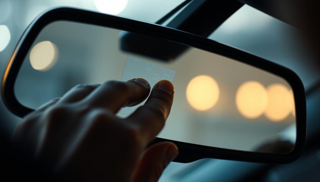 A close-up view of a person's hands carefully applying a clear, adhesive strip to the back of a rearview mirror. The mirror is held at a slight angle, with soft, diffused lighting illuminating the scene. The hands move slowly and deliberately, pressing the strip into place to ensure a secure and even application. The surrounding environment is blurred, keeping the focus on the intricate task at hand. The overall mood is one of precision and attention to detail, as the person takes great care to properly install the mirror attachment.
