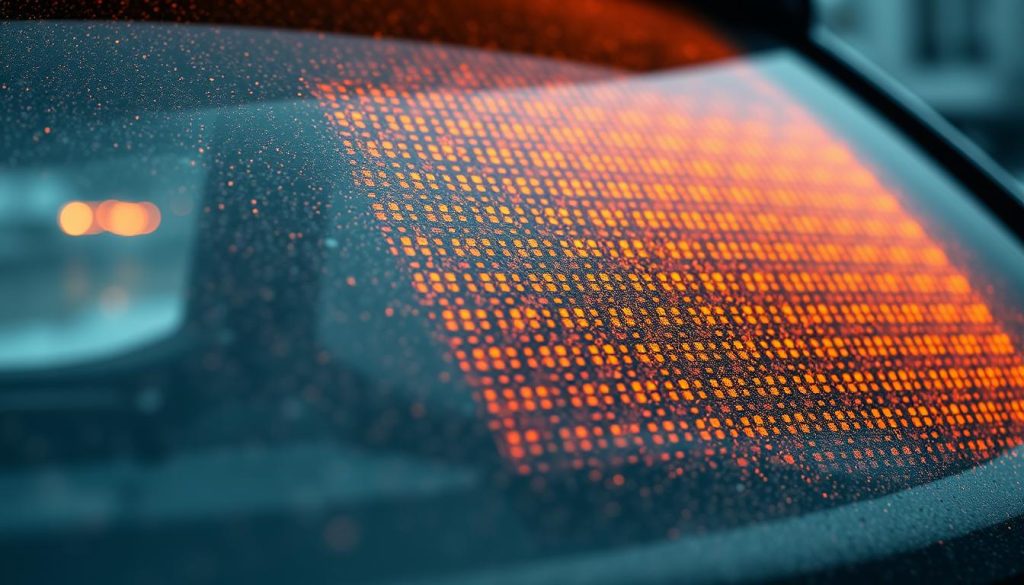 A close-up view of a rear car window, with a detailed focus on the heated glass technology that enables efficient defrosting and deicing during winter driving conditions. The glass surface glistens with a subtle, warm glow emanating from the embedded heating elements, casting a soft, amber-tinted illumination across the scene. The image captures the intricate pattern of the heating grid, showcasing the engineering precision that ensures uniform heat distribution for optimal visibility and safety. The background is slightly blurred, drawing the viewer's attention to the central feature - the heated glass technology that is the crucial component in a vehicle's rear defrost system.