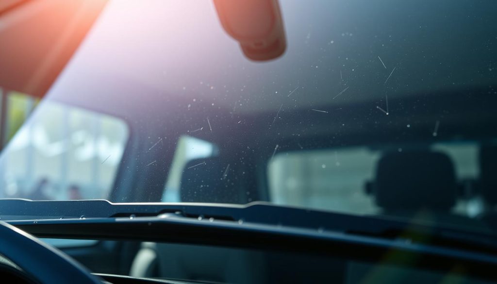 A close-up view of a vehicle inspection glass with a clear, high-resolution lens. The glass surface is transparent, allowing a detailed view of the vehicle's interior. The lighting is bright and natural, creating vivid clarity and highlighting the textures and imperfections of the windshield. The perspective is slightly elevated, giving a slightly downward angle to emphasize the importance of the inspection process. The background is blurred, keeping the focus solely on the inspection glass and the details it reveals.