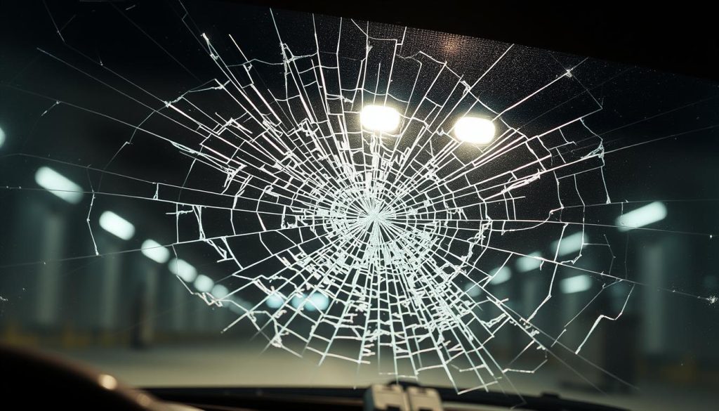 A close-up view of a windshield glass panel subjected to intense stress and pressure, capturing the intricate web of cracks and fractures across its surface. The glass appears thick and durable, with a slight tint to reduce glare. Harsh overhead lighting casts dramatic shadows, highlighting the structural integrity of the windshield as it withstands the simulated force. The scene is shot from a low angle, emphasizing the strength and resilience of the material against the challenges of a rollover accident scenario.