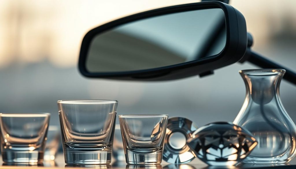 A close-up view of various glass accessories, including a rearview mirror, against a softly blurred background. The mirror is mounted on a clear glass panel, casting subtle reflections. The foreground features an assortment of glass items such as a drinking glass, a glass vase, and a glass paperweight, all subtly illuminated from the side to highlight their transparent and reflective qualities. The overall scene conveys a sense of fragility, precision, and the potential for windshield stress cracks from mirror installations.