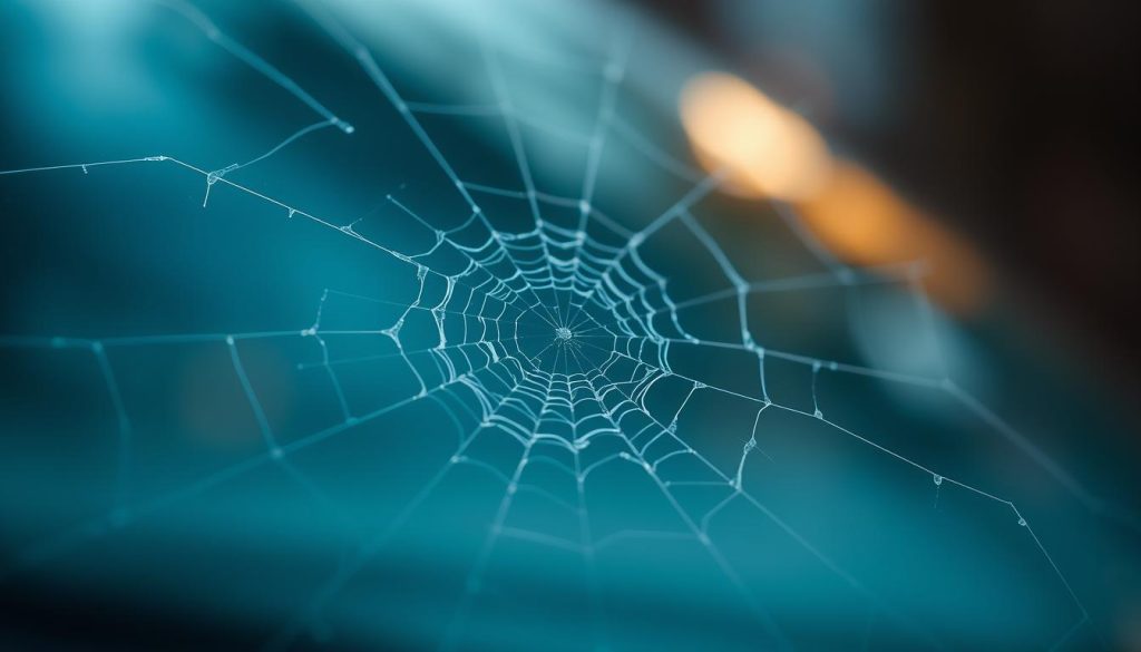 A closeup view of a windshield with a small chip or crack, showcasing the intricate network of spiderwebbing damage. The chip is in sharp focus, surrounded by a blurred, hazy background to draw the eye. Soft, warm lighting illuminates the textured glass surface, highlighting the intricate fracture patterns. The image conveys a sense of fragility and the importance of timely repair, setting the stage to discuss the benefits of addressing small windshield damage before it spreads.