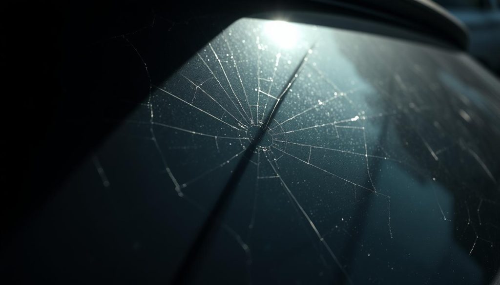 A detailed close-up view of a car's rear windshield, capturing the signs of a growing leak problem. The glass is slightly hazy, with subtle discoloration and water stains creeping in from the edges. Fine cracks spider-web across the surface, casting an ominous shadow on the interior. The weatherstripping along the perimeter is dry and cracked, allowing moisture to seep in. Dim natural lighting casts a somber, moody atmosphere, accentuating the sense of deterioration and the need for timely repair.