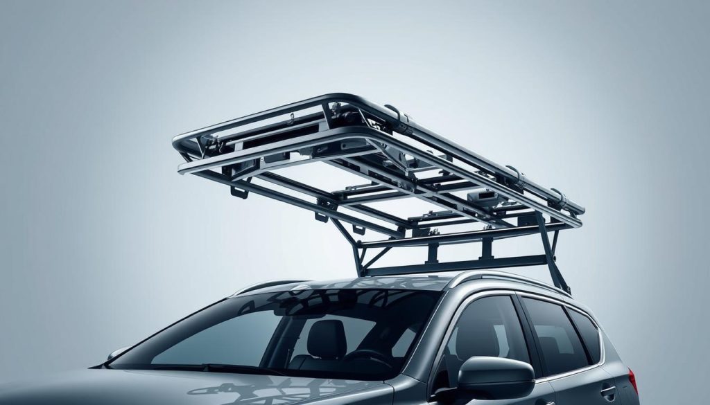A detailed, high-resolution image of a vehicle's windshield rollover protection system, showcased against a clean, technical background. The protective frame is rendered in sleek, metallic tones, highlighting its sturdy construction and intricate design. The frame seamlessly integrates with the vehicle's body, creating a harmonious and purposeful aesthetic. Subtle lighting casts dramatic shadows, emphasizing the system's structural integrity and role in safeguarding the occupants during a rollover collision. The overall scene conveys a sense of advanced engineering and a focus on passenger safety.
