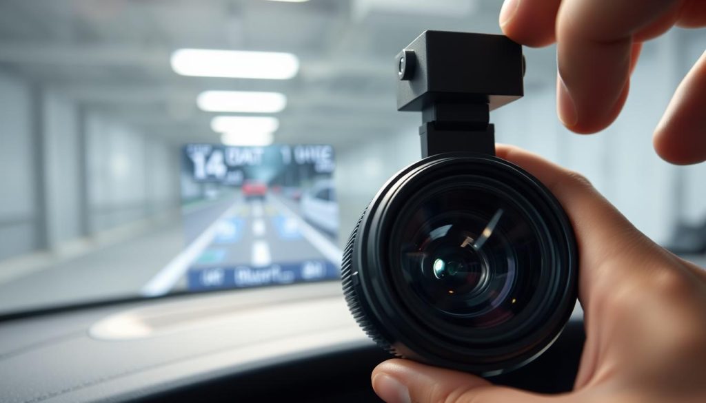 A detailed view of a camera sensor undergoing calibration. In the foreground, the camera lens is prominently displayed, with a technician's hand adjusting the focus and alignment. The middle ground shows a diagnostic display with technical readouts and adjustment parameters. In the background, a blurred automotive windshield is visible, symbolizing the connection between windshield replacement and the need for camera recalibration. Soft, even lighting illuminates the scene, creating a professional, technical atmosphere. The overall composition emphasizes the precision and importance of the camera calibration process for advanced driver-assistance systems.