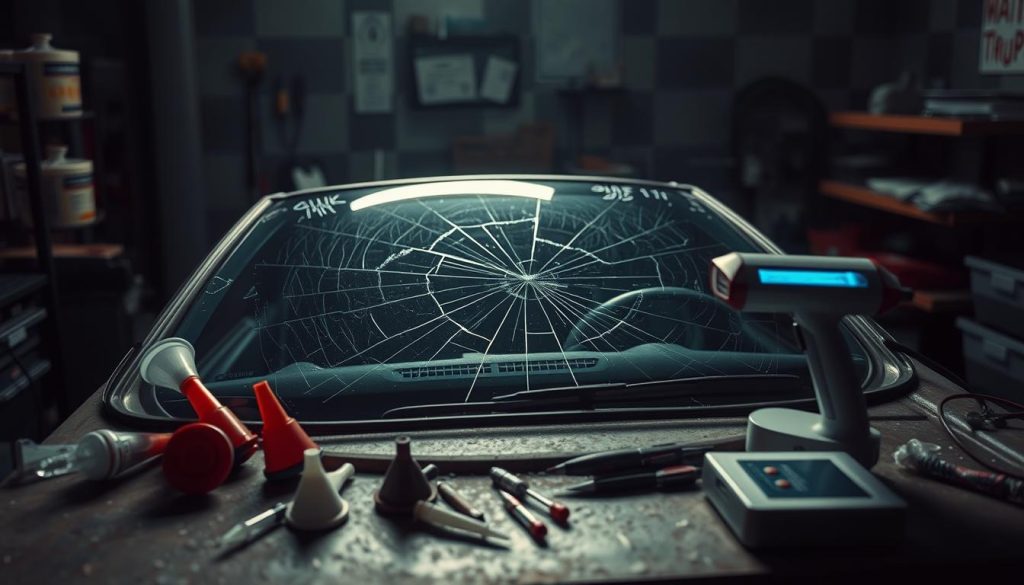 A dimly lit auto repair shop, the focus on a cracked windshield lying on a workbench. Surrounding it, an array of tools and materials - suction cups, adhesives, and a handheld UV lamp. The scene conveys a sense of frustration, as the DIY windshield repair process appears more challenging than expected. The lighting casts shadows, adding depth and emphasizing the intricate details of the damaged glass. The angle is slightly elevated, giving the viewer an insider's perspective on the common problems faced during a typical windshield repair.
