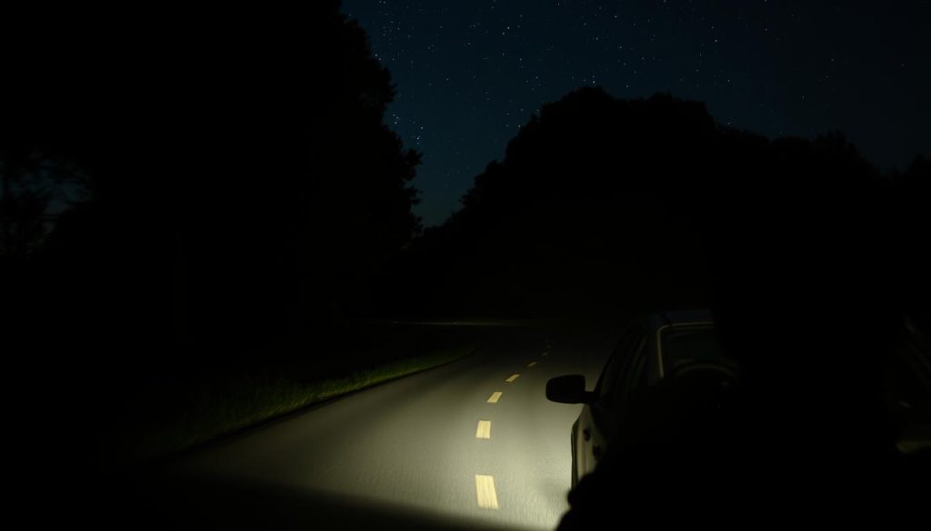 A dimly lit country road winding through a rural landscape, with towering trees casting long shadows across the asphalt. In the foreground, a mid-sized sedan navigates the twists and turns, its headlights cutting through the inky blackness, illuminating the immediate path ahead. The driver's hands grip the steering wheel with concentration, their face lit by the dashboard glow. Overhead, a canopy of stars twinkles in the night sky, adding to the atmospheric sense of isolation and focus required for safe night driving. The scene conveys the challenges and potential hazards faced by drivers when visibility is reduced, emphasizing the importance of vigilance and properly maintained auto glass.