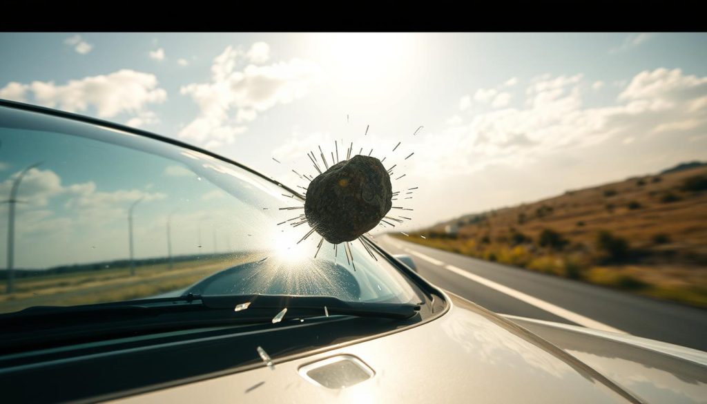 A dramatic, high-angle view of a car's windshield being struck by a jagged, fast-moving rock on a rural highway. The rock is sharply in focus, the shiny chrome of the car's trim gleaming in the bright, directional sunlight. In the foreground, tiny glass shards are frozen mid-air, sparkling against the backdrop of a hazy, cloud-streaked sky. The car's body is slightly blurred, conveying a sense of motion and the unstoppable force of the collision. The composition creates a palpable sense of tension and the ominous threat of road debris to drivers.