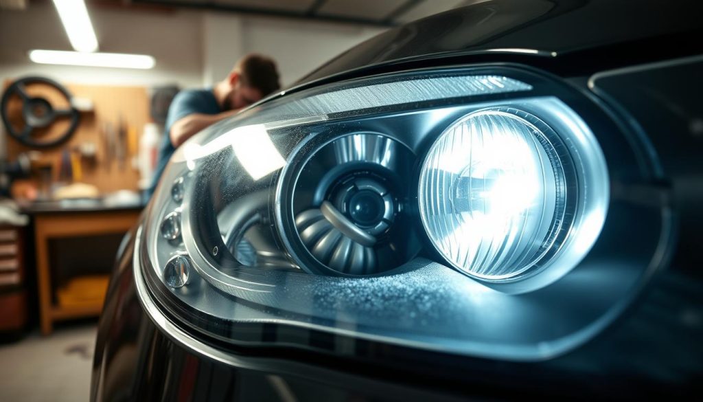 A garage scene with a car undergoing headlight restoration. In the foreground, a close-up view of the car's headlight lens, revealing its cloudy, oxidized surface. In the middle ground, a technician carefully sanding and polishing the lens to restore its clarity. The background shows the organized workbench and tools used for the restoration process, casting a warm, workshop-like atmosphere. The lighting is bright and direct, highlighting the transformation from dull to crystal-clear headlight lens. The overall scene conveys the technical skill and attention to detail required to address the growing problem of headlight degradation.