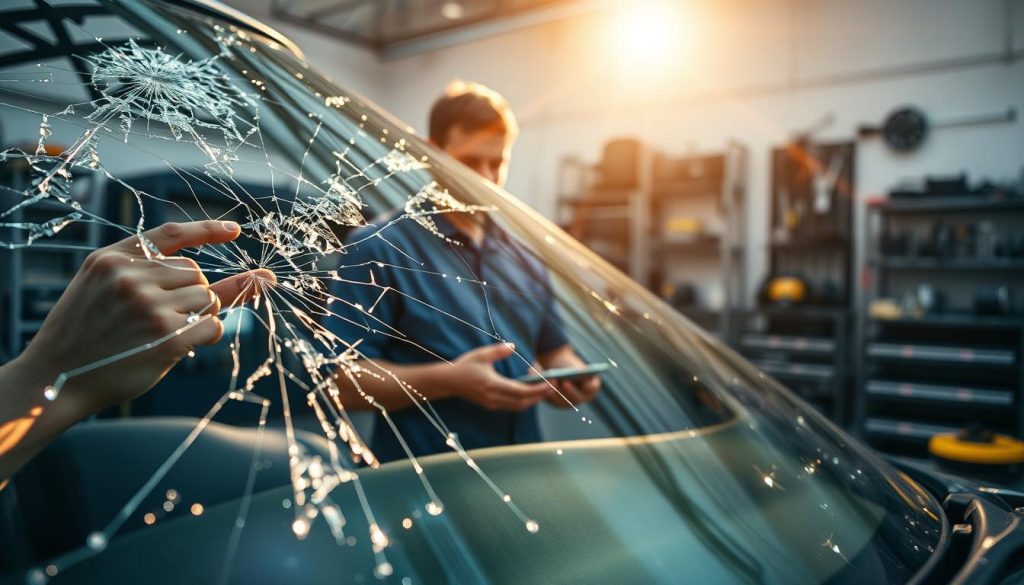 A hail-damaged car's windshield, the fractured glass glittering under the warm afternoon sun. In the foreground, a pair of skilled hands delicately inspecting the cracks, assessing the extent of the damage. The middle ground features an auto glass repair technician, wearing a navy blue uniform, preparing the necessary tools and materials to swiftly and efficiently restore the windshield. In the background, a well-equipped workshop, with various auto parts and tools neatly organized, conveying a sense of professionalism and expertise. The overall atmosphere is one of calm and reassurance, as the technician's focused expression and the pristine workshop environment instill confidence in the viewer that the hail damage will be expertly repaired.