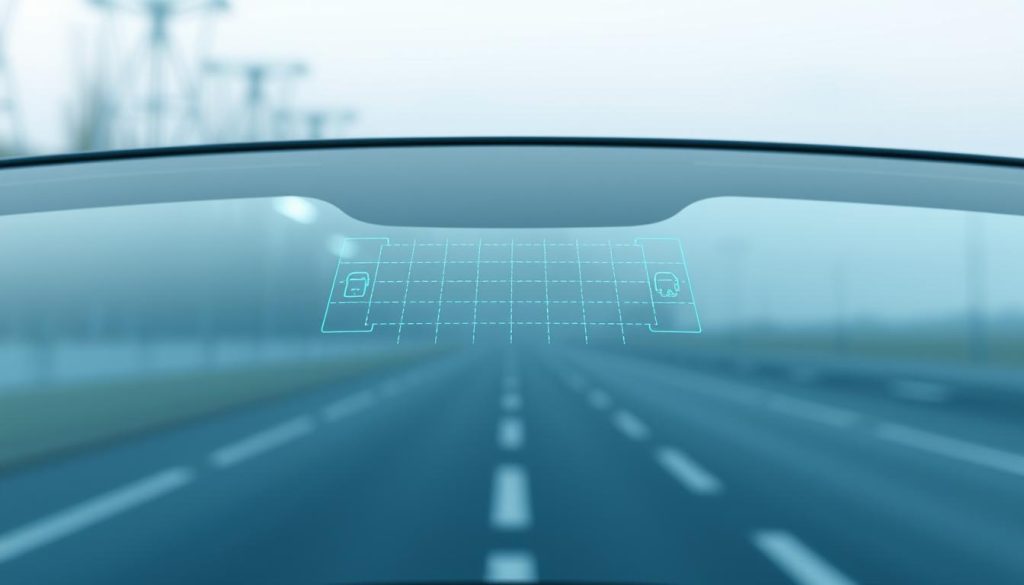 A high-resolution, photorealistic image of a windshield with advanced driver assistance system (ADAS) sensors seamlessly integrated into the glass. The glass displays a clear, transparent surface with a subtle grid pattern, indicating the location of the lane assist cameras and radar modules embedded within. The scene is illuminated by soft, diffused lighting, creating a clean, minimalist aesthetic. The camera angle showcases the integration of the ADAS technology, allowing the viewer to appreciate the sleek and discreet design. The image conveys the technological sophistication and seamless integration of lane assist capabilities within the vehicle's auto glass.