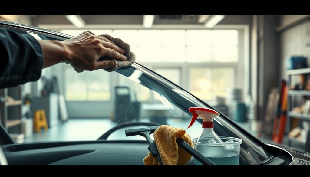 A high-resolution, photorealistic image of an auto glass being cleaned in a well-lit, spacious garage. In the foreground, a person's hands are carefully wiping the glass with a microfiber cloth, removing streaks and smudges. The middle ground features an array of auto glass cleaning supplies, including a spray bottle, a squeegee, and a bucket of soapy water. The background shows the interior of the garage, with shelves of tools and equipment visible. The lighting is soft and diffused, creating a warm, inviting atmosphere. The overall scene conveys a sense of care and attention to detail in maintaining the auto glass.