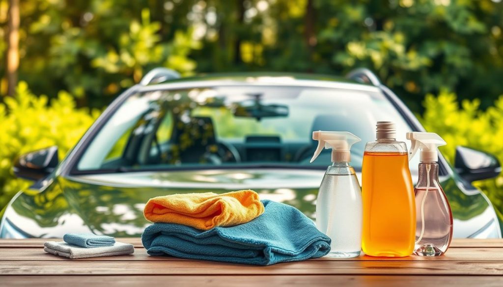 A high-resolution, photorealistic image of car care tips. The foreground shows various car care products such as car shampoo, microfiber cloths, and window cleaner neatly arranged on a wooden surface. The middle ground features a well-maintained, gleaming car with a clear, spotless windshield and side windows. The background depicts a serene, natural setting with lush greenery and a bright, diffused lighting that creates a soft, inviting atmosphere. The overall scene conveys the importance of proper auto glass care and the rewards of a well-maintained vehicle.