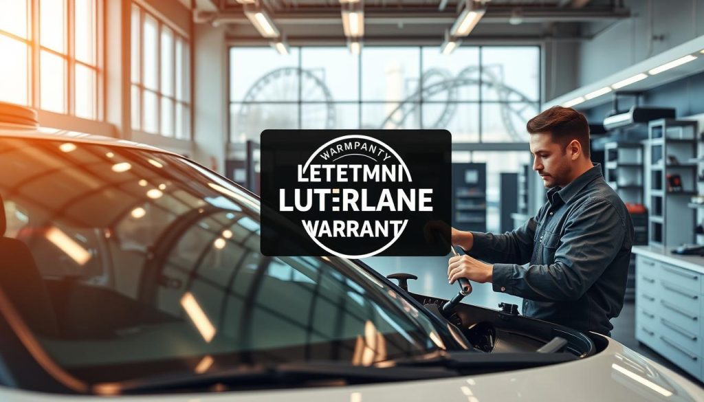 A modern, well-equipped auto glass repair shop with pristine workbenches and gleaming tools. In the foreground, a technician meticulously inspects a car windshield, showcasing their expertise. The middle ground features a display highlighting the lifetime warranty on the premium auto glass products, conveying a sense of quality and reliability. The background depicts the shop's sleek, state-of-the-art facility, with large windows letting in natural light that creates a warm, inviting atmosphere. The overall scene exudes professionalism, attention to detail, and a commitment to providing exceptional customer service.
