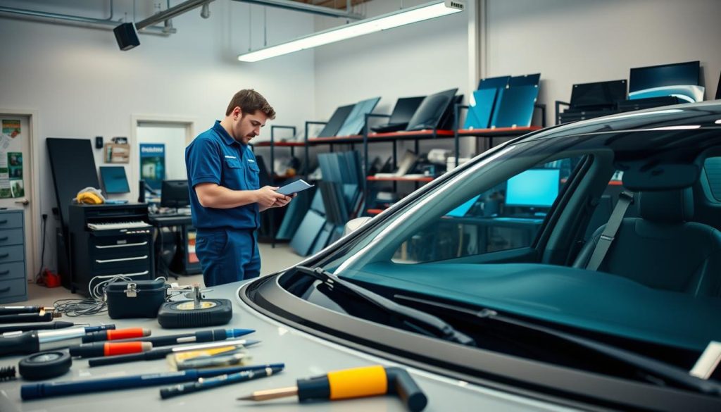 A modern, well-lit interior of a Texas auto glass repair shop. In the foreground, an array of windshield repair tools and materials are neatly arranged on a clean workbench. In the middle ground, a technician in a blue uniform examines the damaged windshield of a sedan, carefully explaining the insurance coverage options to the car owner. In the background, shelves stocked with replacement glass panels and a computer system for processing claims create a professional, efficient atmosphere. Soft, directional lighting casts a warm glow, conveying a sense of expertise and reliability.
