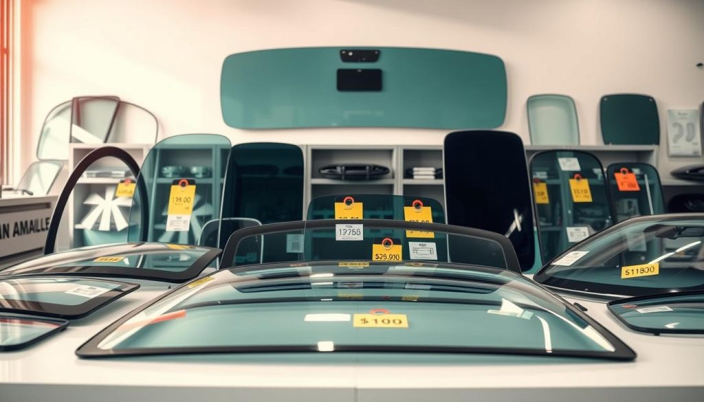 A neatly arranged display of various auto glass panels and windshields, showcasing their affordable prices. The foreground features a selection of different sized and shaped glass panes, ranging from small side windows to larger windshields, all laid out on a clean, well-lit surface. In the middle ground, a variety of price tags and labels clearly indicate the low costs, highlighting the budget-friendly nature of these auto glass options. The background subtly suggests a modern, well-stocked auto parts store or repair shop, with a minimalist and organized aesthetic. The overall scene conveys a sense of accessibility and cost-effectiveness for drivers seeking to replace or repair their vehicle's glass components in the San Antonio market.
