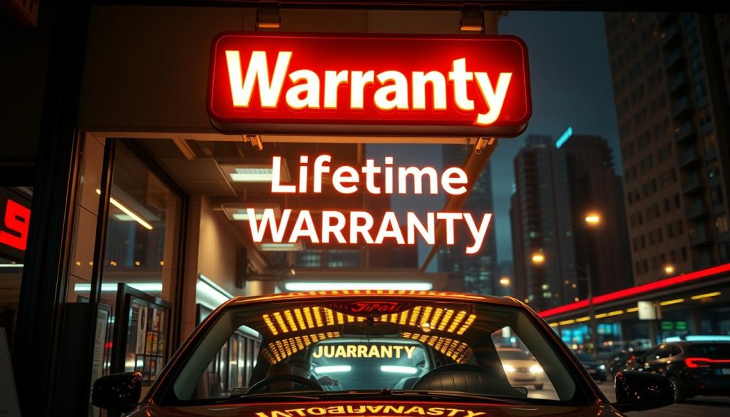 A neon-lit storefront with a modern auto glass repair shop in the foreground. The interior is well-lit, showcasing technicians meticulously working on a car windshield. In the center, a prominent "Lifetime Warranty" sign glows, casting a warm hue over the scene. The background features a cityscape, with skyscrapers and traffic streaks, conveying a sense of urban environment. The lighting is a mix of cool tones from the city and warm tones from the shop, creating a vibrant, professional atmosphere. The overall composition emphasizes the reliability and financial value of the auto glass warranty service.