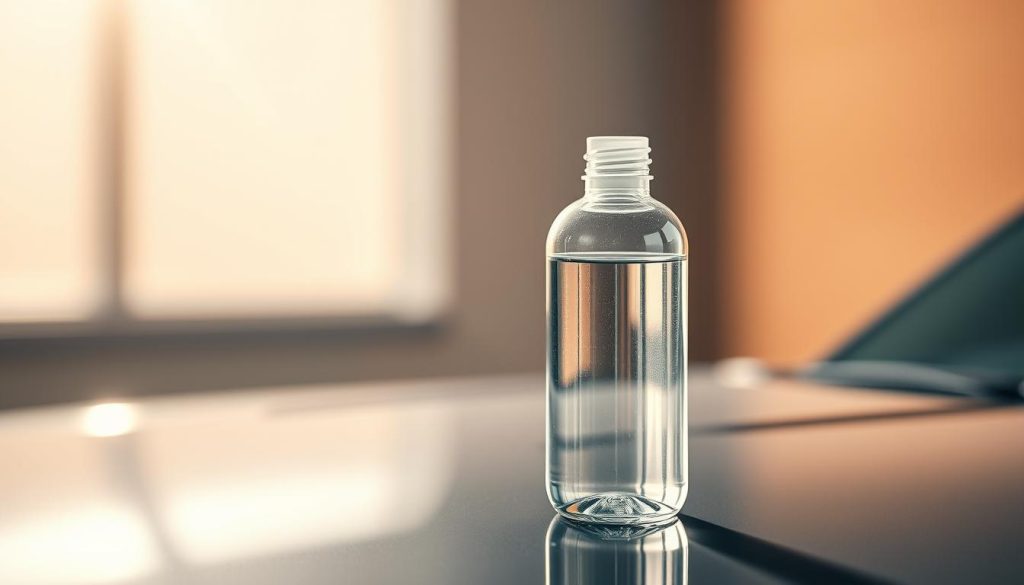A pristine glass bottle filled with a clear, glossy liquid, resting on a reflective, metallic surface. The bottle is illuminated by a soft, warm light, casting a subtle glow that highlights the product's clarity and shine. In the background, a blurred, minimalist setting evokes a sense of modern sophistication, emphasizing the bottle's sleek design and high-quality aesthetic. The overall composition suggests the effectiveness and premium quality of the auto glass protectant, inviting the viewer to imagine its transformative effects on their vehicle's windshield and windows.