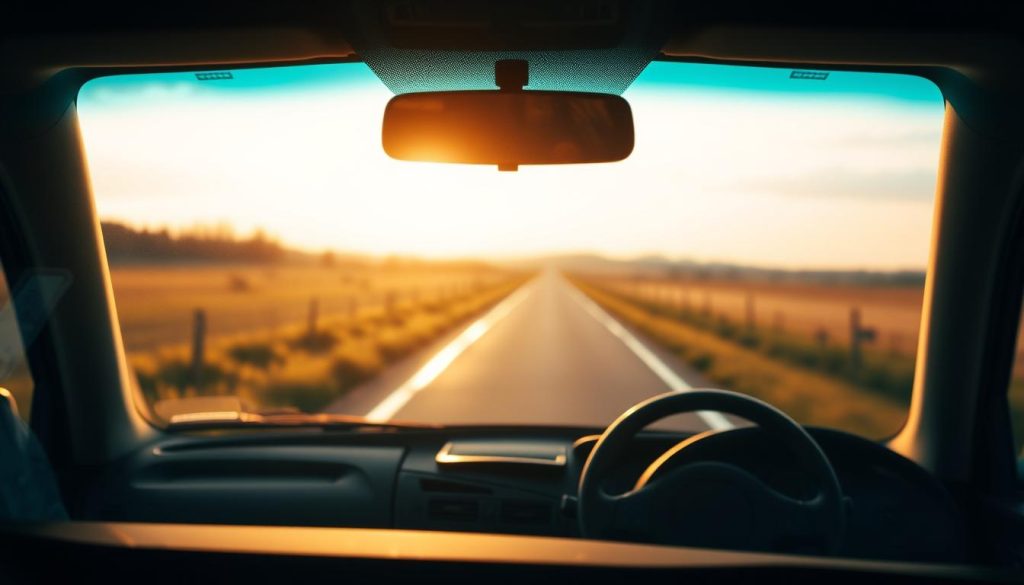 A pristine windshield reflecting the surrounding landscape, showcasing its crucial role in maintaining driver visibility and overall vehicle safety. In the foreground, a closeup of the windshield's intricate construction, highlighting the laminated glass and reinforced frame that provide structural integrity. In the middle ground, a view from the driver's seat, emphasizing the windshield's expansive field of vision and seamless integration with the vehicle's design. In the background, a serene countryside scene, illuminated by warm, diffused sunlight that filters through the clean, unblemished glass. The overall composition conveys the windshield's vital function in protecting occupants and enabling safe, confident driving.