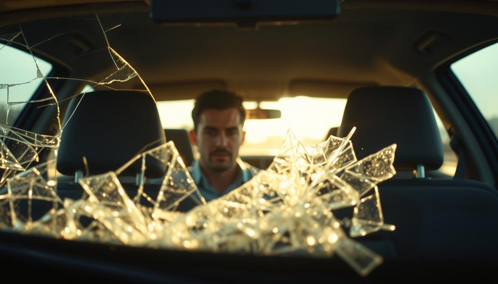 A shattered rear car window lies in the foreground, glass shards reflecting the bright sunlight. In the middle ground, a driver's face is visible through the cracked windshield, expression one of concern and alarm. The background depicts the interior of the car, the once-pristine upholstery now marred by the aftermath of the accident. The scene is bathed in a sense of unease, conveying the very real dangers of unprotected glass in a vehicle collision. Dramatic lighting and a shallow depth of field draw the viewer's attention to the fragility of the glass and the potential for serious harm.