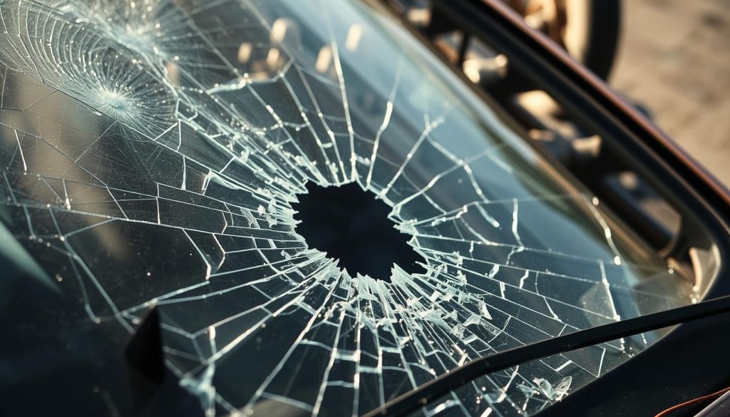 A shattered windshield lies cracked and splintered, spider-webbing across the glass. The impact point is clearly visible, a jagged hole where the force of the collision has pierced through. Shards of glass protrude outwards, casting sharp, jagged shadows in the harsh, unforgiving light. The surrounding frame is bent and twisted, the metal warped by the tremendous force. In the background, the car's chassis is dented and crumpled, a testament to the violence of the head-on crash. The scene conveys a sense of danger and vulnerability, underscoring the critical role the windshield plays in protecting the vehicle's occupants during a collision.