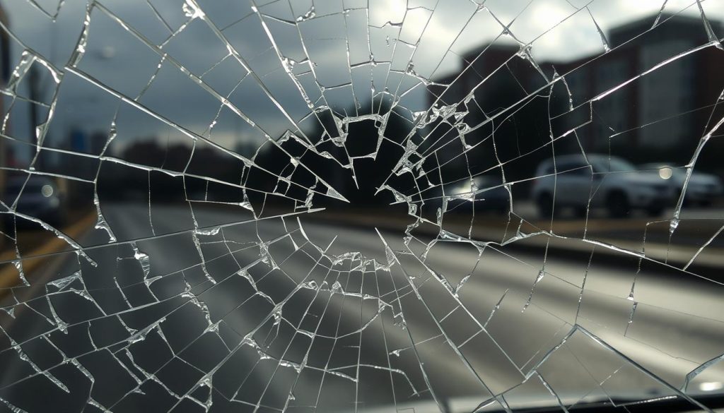 A shattered windshield with intricate spider-web patterns, the glass cracked and fractured from the impact of a recent hailstorm. The damaged surface reflects the harsh lighting, casting a moody, foreboding atmosphere. Jagged shards jut out, creating a sense of tension and danger. In the background, a blurred urban landscape suggests the context of a car or vehicle. The focal point remains the damaged glass, its intricate details and uneven textures conveying the force of the storm's impact.