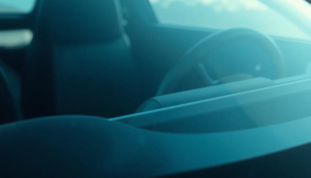 A sleek, high-resolution close-up of a modern laminated glass windshield, capturing its intricate layers and advanced safety features. The glass appears seamless, with a crystal-clear, distortion-free surface. Subtle reflections of the surrounding environment are visible, creating a sense of depth and realism. The windshield is illuminated by a soft, diffused light, highlighting its durable construction and smooth contours. The angle showcases the windshield's integration into the vehicle's aerodynamic design, emphasizing its role in enhancing driving safety and performance.