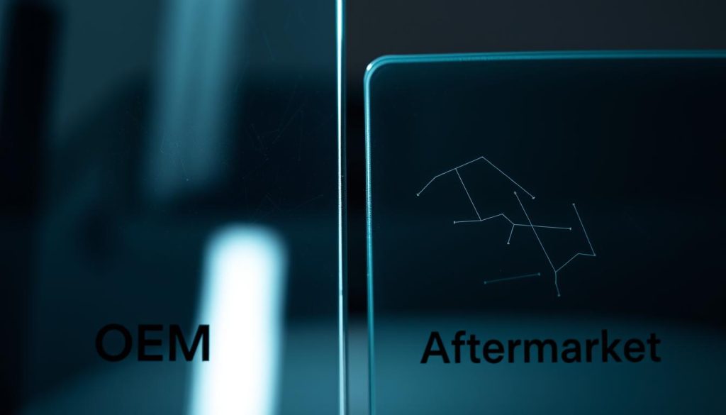 A sleek, highly detailed close-up view of two automotive glass panes positioned side-by-side, one labeled "OEM" and the other "Aftermarket". The OEM glass appears pristine, with a clear, flawless surface, while the aftermarket glass shows slight distortions and imperfections. The lighting is crisp and directional, casting subtle shadows that highlight the textural differences between the two. The background is muted and blurred, placing the focus squarely on the comparison of the glass panels. The overall composition conveys a sense of technical precision and the importance of choosing the right glass replacement option.