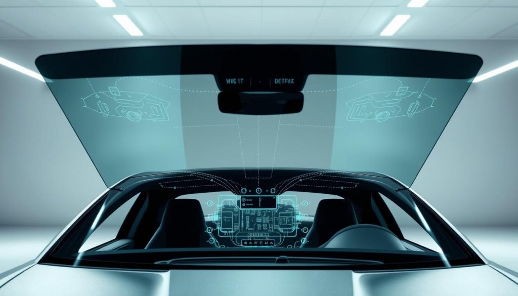 A sleek, modern windshield showcasing the latest advancements in automotive safety technology. In the foreground, the intricate web of sensors and cameras embedded in the glass, meticulously designed to detect potential hazards and assist the driver. The middle ground features a detailed cutaway view, revealing the inner workings of the windshield's advanced communication systems, seamlessly integrating with the vehicle's computer. In the background, a clean, minimalist environment with soft, diffused lighting, highlighting the windshield's elegant, aerodynamic design. The overall atmosphere conveys a sense of cutting-edge innovation, elevated safety, and a harmonious fusion of technology and automotive engineering.