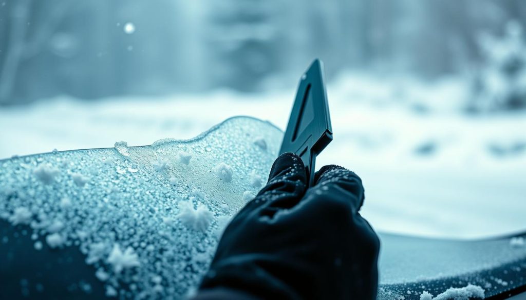 A snow-covered winter landscape, with a close-up view of a car's windshield. The windshield is partially obscured by a layer of ice, frost, and snow, highlighting the need for effective winter auto glass care. In the foreground, a gloved hand is using a scraper tool to gently remove the ice and snow, revealing the clear glass underneath. The lighting is soft and diffused, conveying a sense of calm and focus. The background is blurred, emphasizing the attention on the windshield maintenance task. The overall atmosphere evokes the challenges of driving in cold weather and the importance of proactive windshield care to ensure visibility and safety.