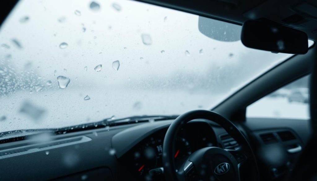 A snowy winter landscape with a car parked in the foreground, its interior visible through the frosty window. The car's dashboard and steering wheel are slightly blurred, drawing the eye to the window in the center of the frame. The window is fogged up, with patterns of condensation obscuring the view outside. The lighting is soft and diffused, creating a moody atmosphere. The camera angle is slightly elevated, giving a sense of the car's isolation in the wintry scene. The prompt should convey the growing problem of window fogging and the need for effective window care solutions.